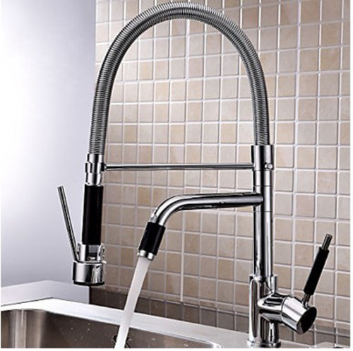 deck mount double spout brass kitchen sink faucet single handle and cold mixer taps chrome finish