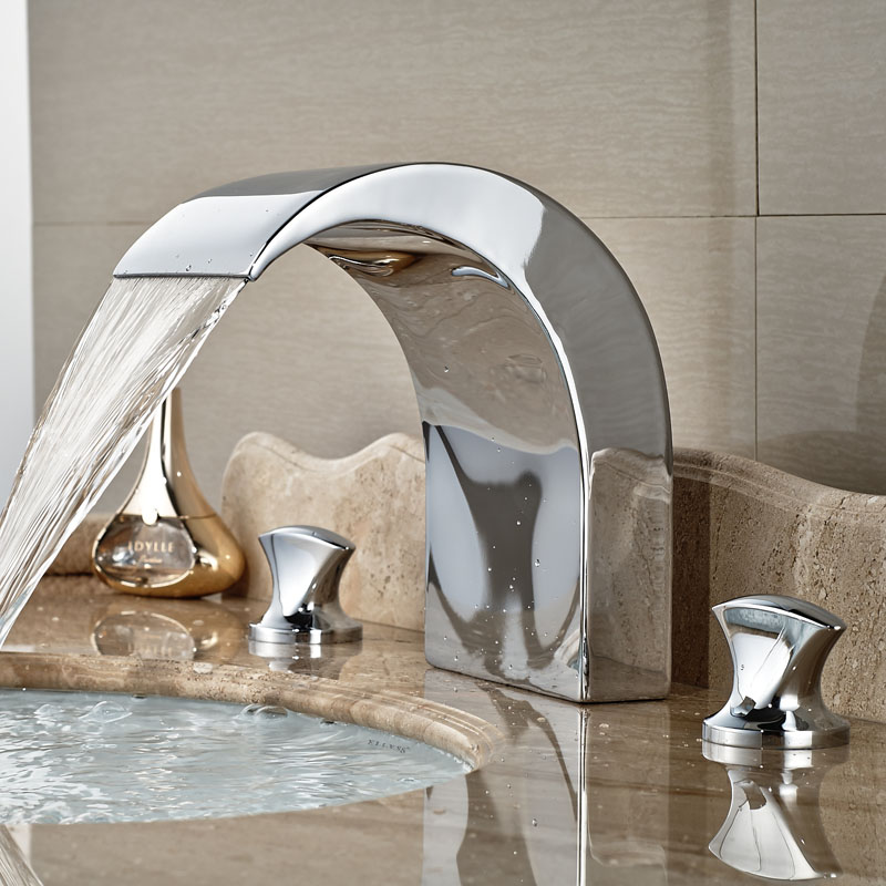 deck mount dual handle waterfall basin tub sink faucet chrome brass tub sink mixer taps in chrome