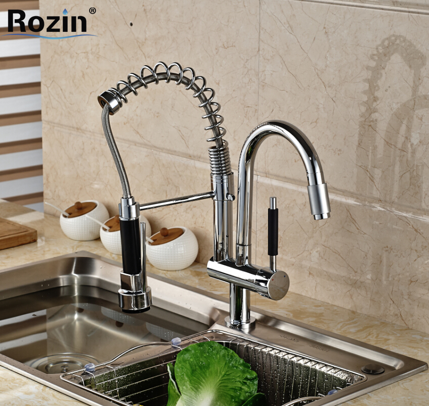 deck mount dual swivel spout kitchen sink faucet mixer taps chrome finished spring pull down water tap