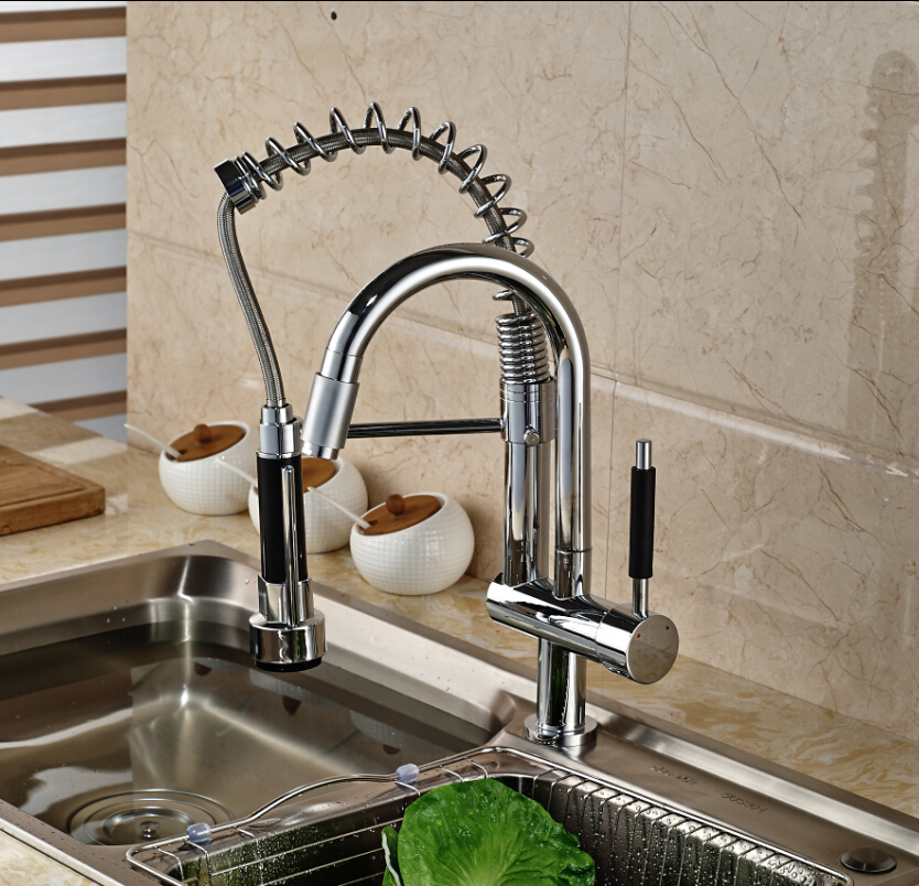 deck mount dual swivel spout kitchen sink faucet mixer taps chrome finished spring pull down water tap