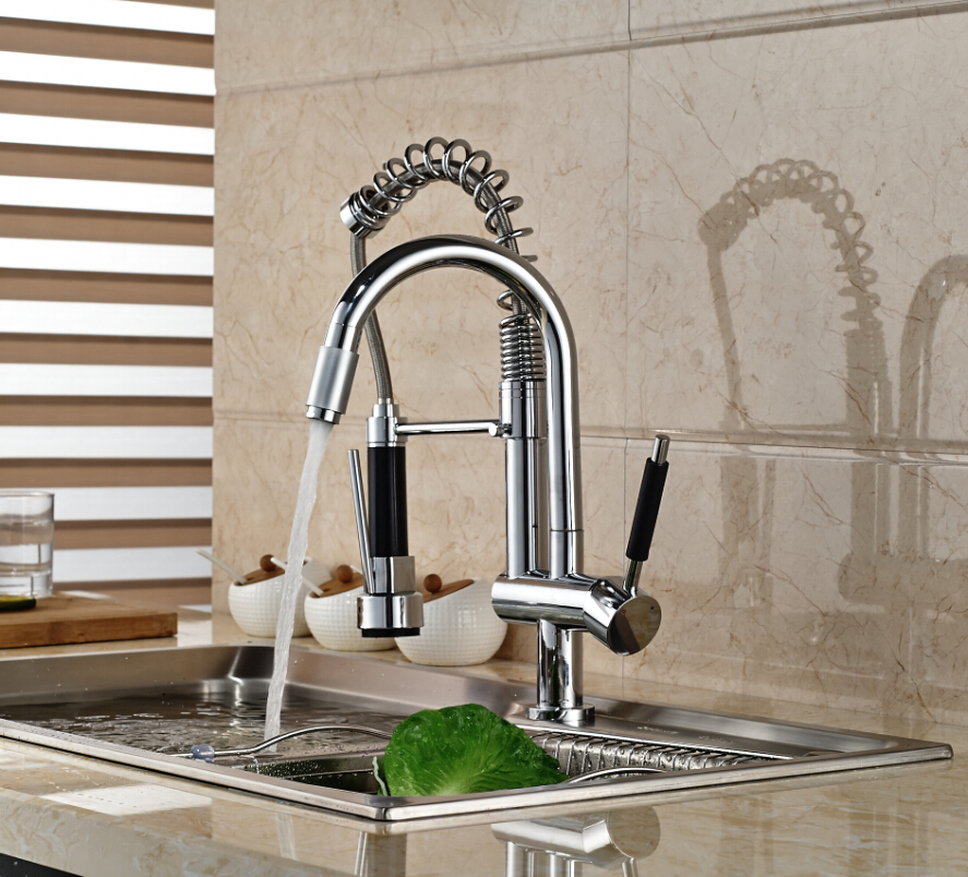 deck mount dual swivel spout kitchen sink faucet mixer taps chrome finished spring pull down water tap