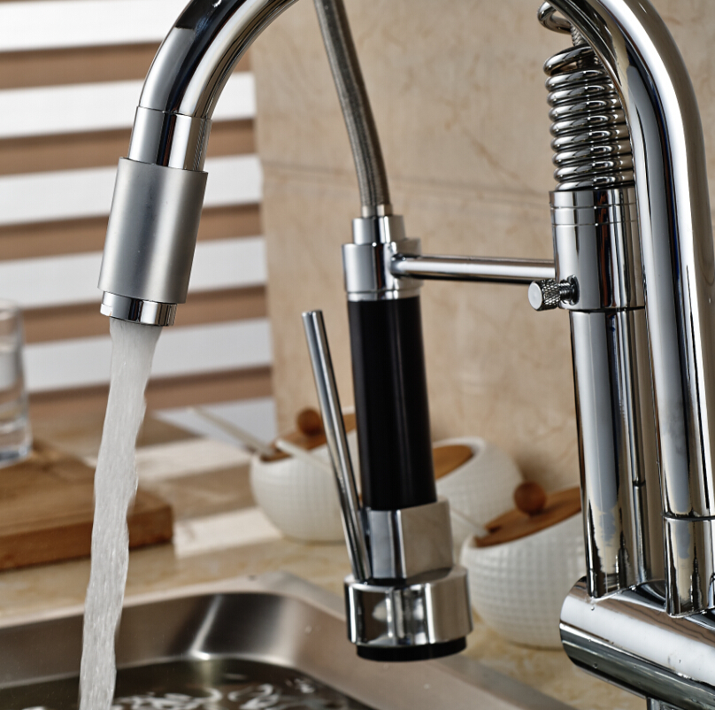 deck mount dual swivel spout kitchen sink faucet mixer taps chrome finished spring pull down water tap