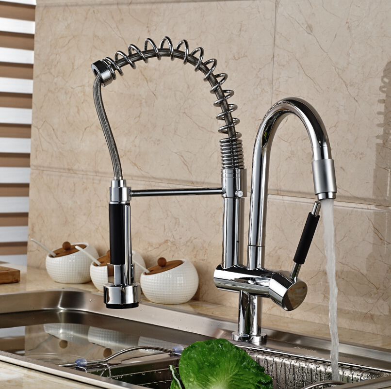 deck mount dual swivel spout kitchen sink faucet mixer taps chrome finished spring pull down water tap