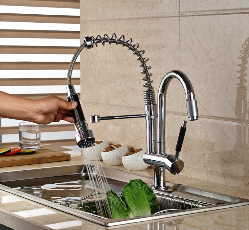 deck mount dual swivel spout kitchen sink faucet mixer taps chrome finished spring pull down water tap