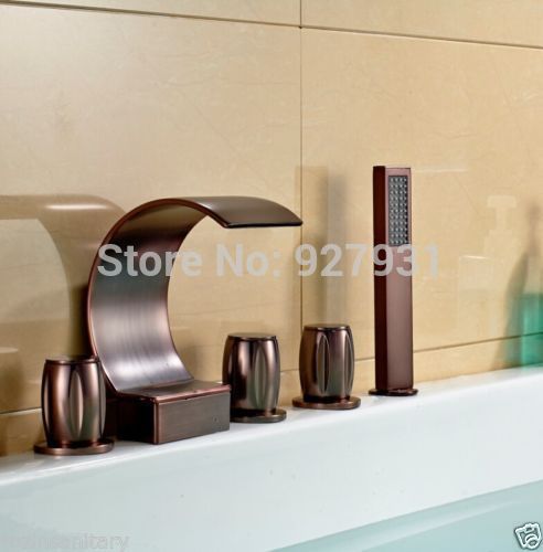 deck mount three handles oil rubbed bronze waterfall bathtub faucet with handheld showerhead bathroom tub sink faucet