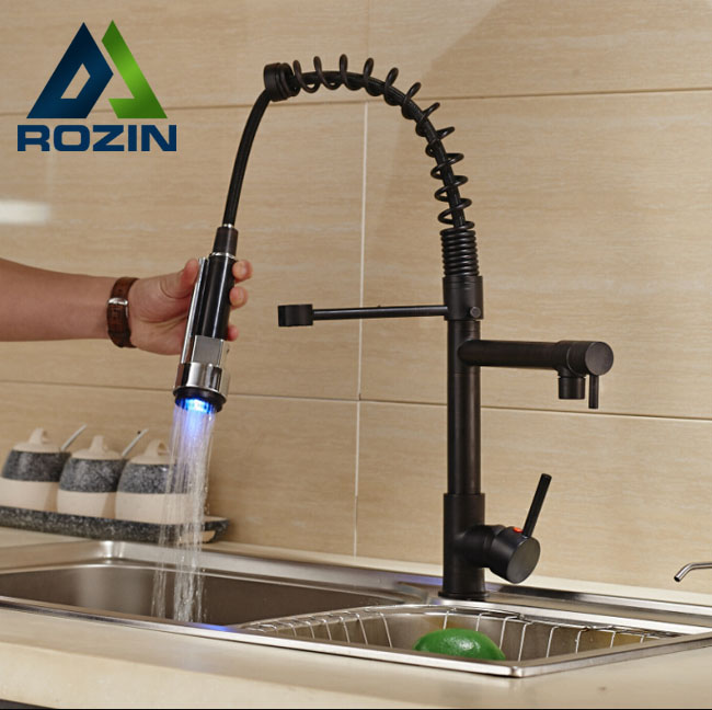 deck mount two spout spring kitchen sink faucet led light and cold brass kitchen mixer taps oil-rubbed bronze