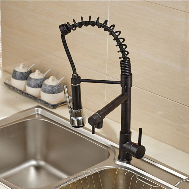 deck mount two spout spring kitchen sink faucet led light and cold brass kitchen mixer taps oil-rubbed bronze