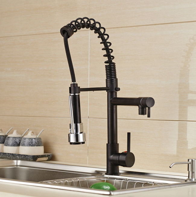 deck mount two spout spring kitchen sink faucet led light and cold brass kitchen mixer taps oil-rubbed bronze