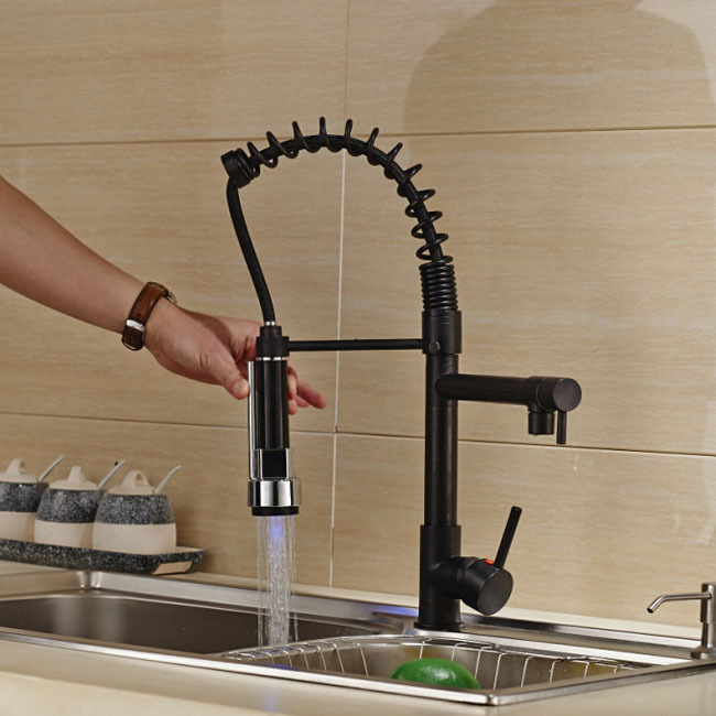 deck mount two spout spring kitchen sink faucet led light and cold brass kitchen mixer taps oil-rubbed bronze