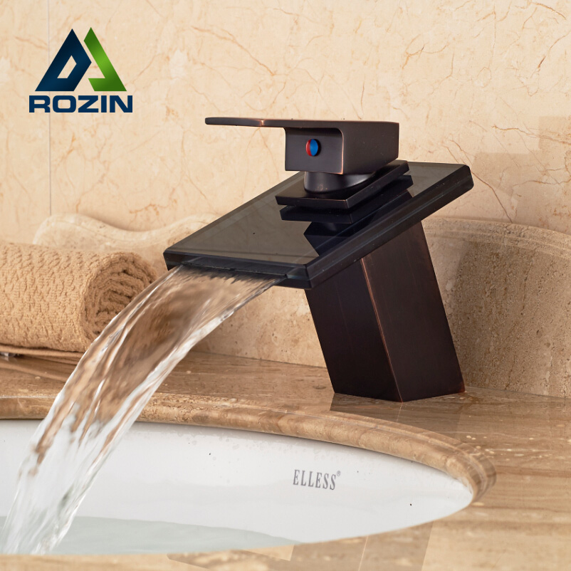 deck mount waterfall glass spout basin sink faucet square shape bathroom vessel sink mixer taps oil rubbed bronze