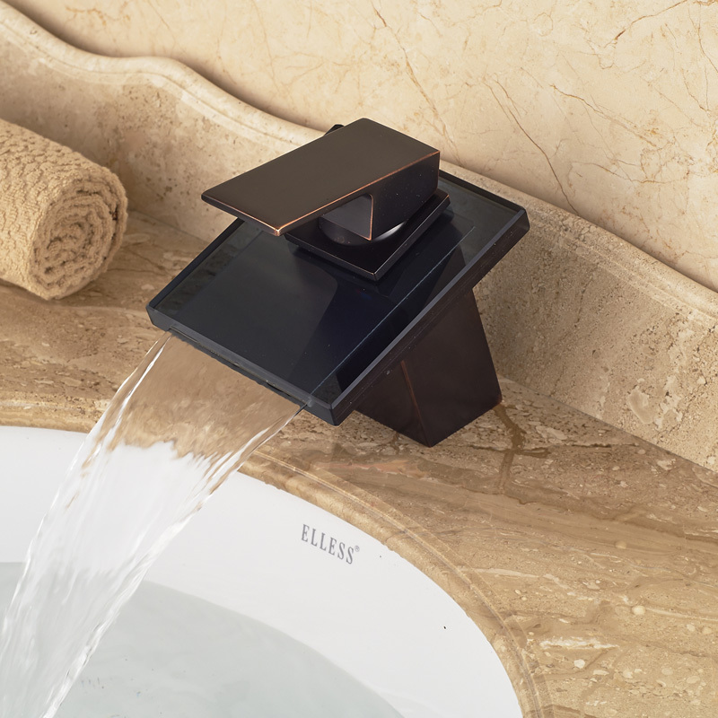 deck mount waterfall glass spout basin sink faucet square shape bathroom vessel sink mixer taps oil rubbed bronze