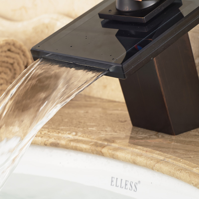 deck mount waterfall glass spout basin sink faucet square shape bathroom vessel sink mixer taps oil rubbed bronze