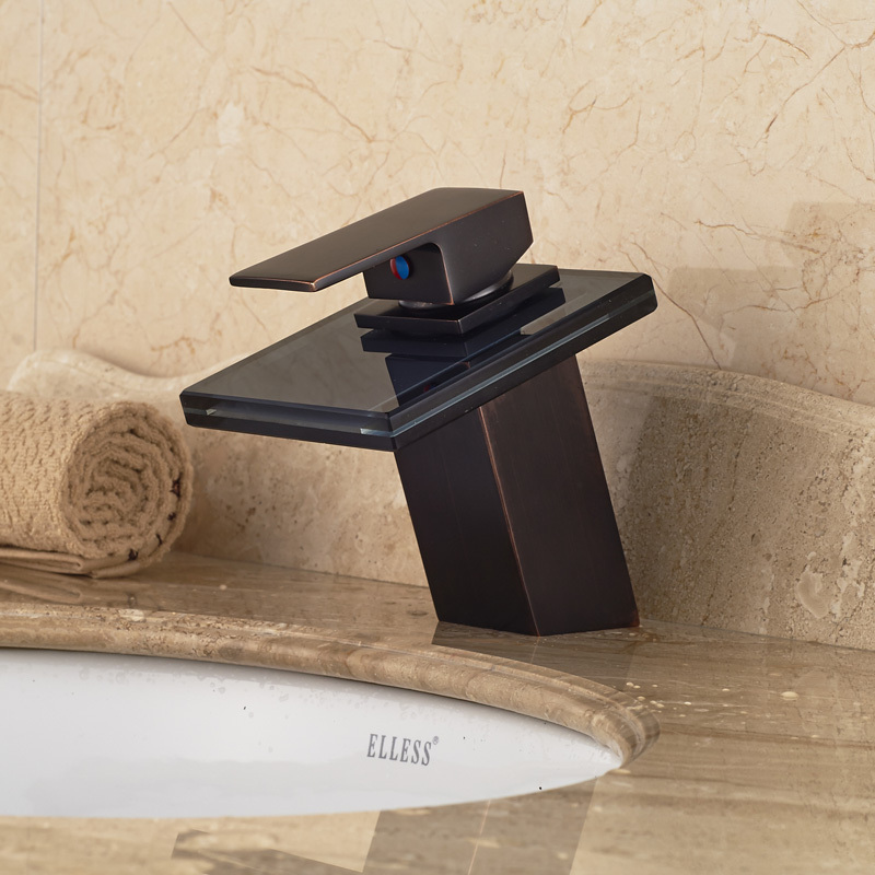 deck mount waterfall glass spout basin sink faucet square shape bathroom vessel sink mixer taps oil rubbed bronze