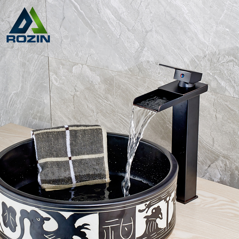 deck mounted luxury waterfall square bathroom vessel sink faucet single lever brass black wash basin mixer taps