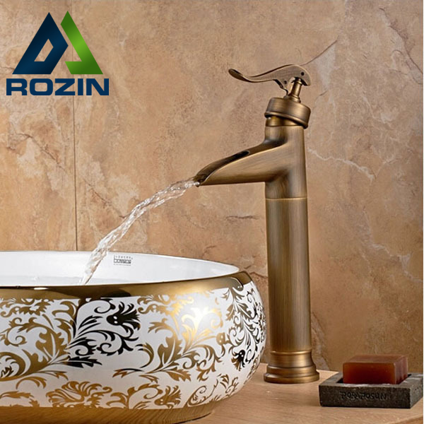 deck mounted waterfall spout basin faucets antique brass finished single handle countertop bathroom mixer taps