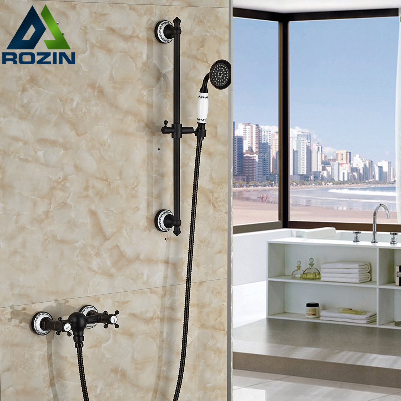 dual cross handle shower faucet set wall mount handheld sliding bar shower mixer tap oil-rubbed bronze