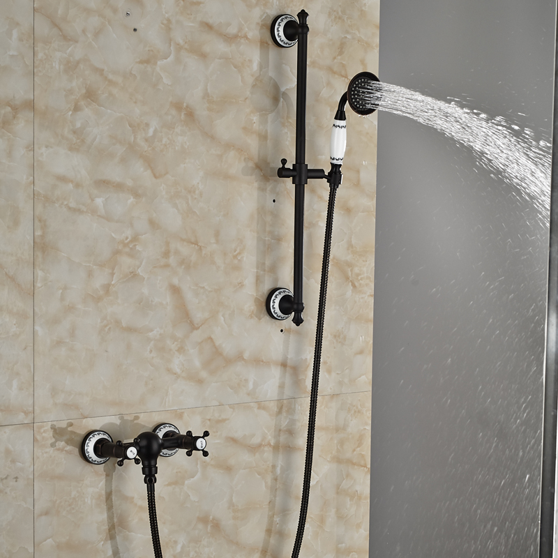 dual cross handle shower faucet set wall mount handheld sliding bar shower mixer tap oil-rubbed bronze