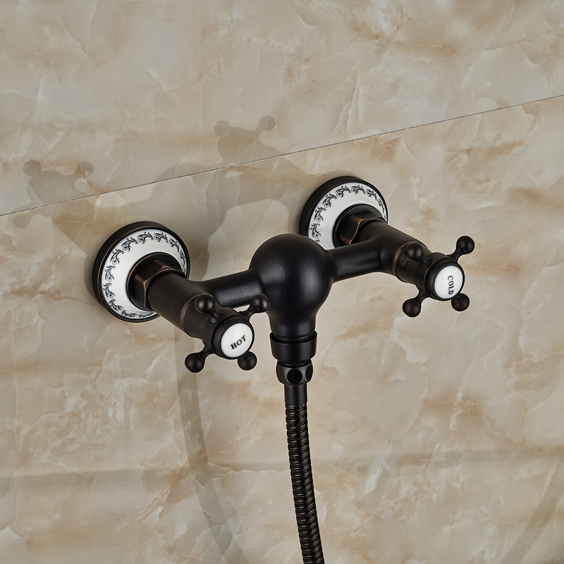 dual cross handle shower faucet set wall mount handheld sliding bar shower mixer tap oil-rubbed bronze