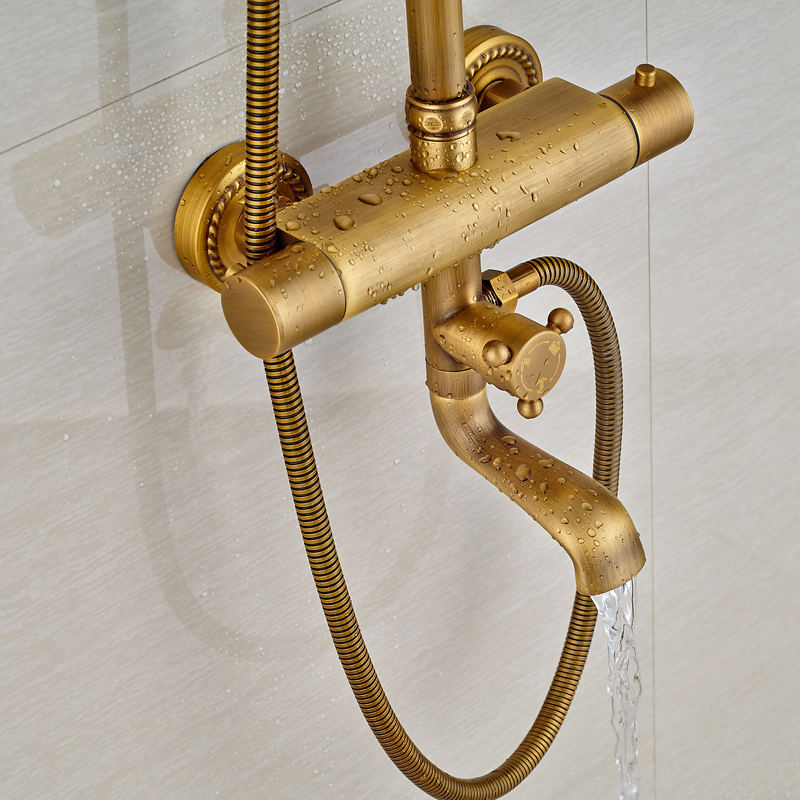 dual handle thermostatic shower faucet wall mounted tub filler 8" brass rainfall shower set mixer tap with hand shower