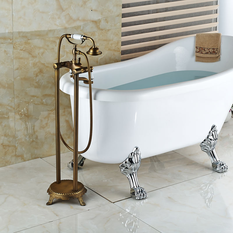 dual handles bathroom floor mount standing bathtub filler bath tub faucet antique brass finish