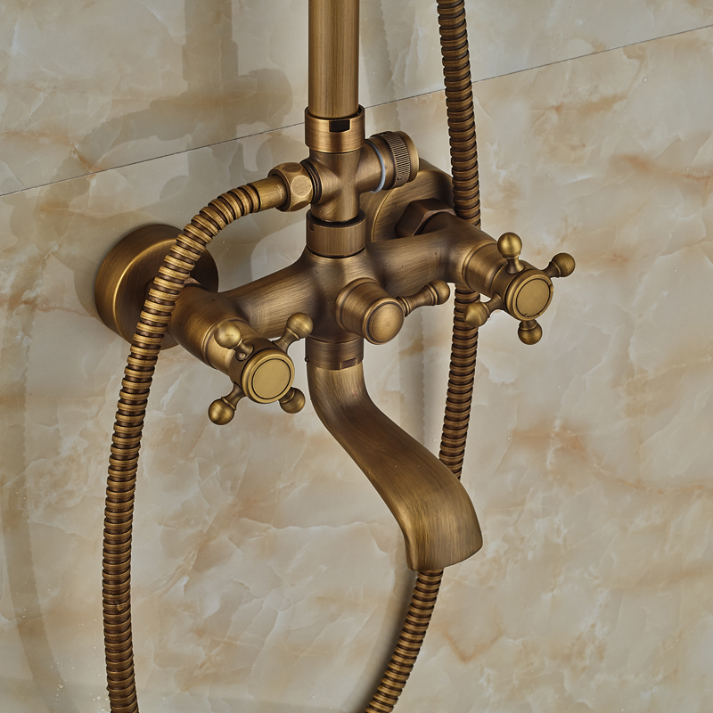 dual handles retro brass shower faucet taps wall mounted rainfall copper shower mixer crane with handshower