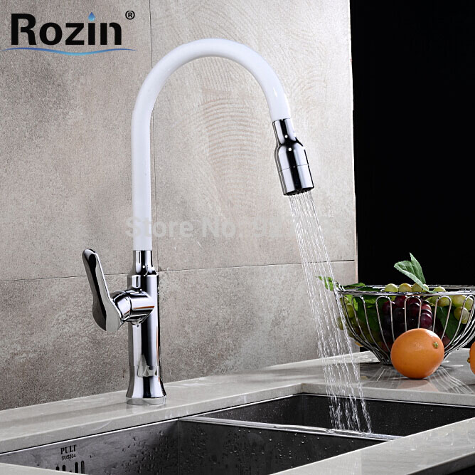 elegant and cold brass kitchen sink faucet deck mount pull out white color kitchen mixer tap