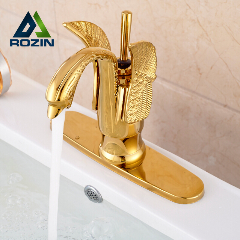 golden deck mount brass lavatory sink mixer taps bathroom vessel sink faucet swan shape + hole cover plate