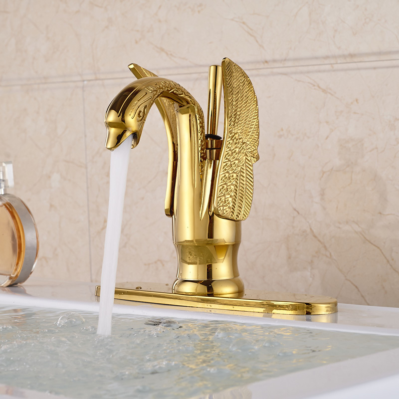 golden deck mount brass lavatory sink mixer taps bathroom vessel sink faucet swan shape + hole cover plate