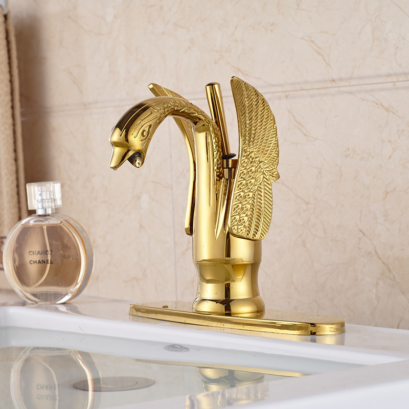 golden deck mount brass lavatory sink mixer taps bathroom vessel sink faucet swan shape + hole cover plate