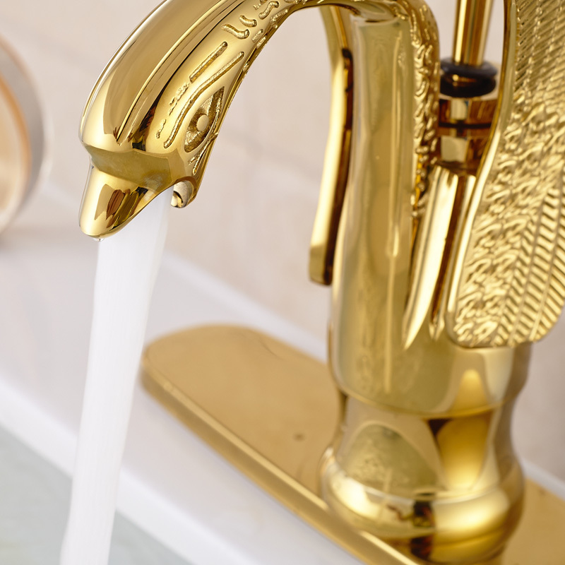 golden deck mount brass lavatory sink mixer taps bathroom vessel sink faucet swan shape + hole cover plate