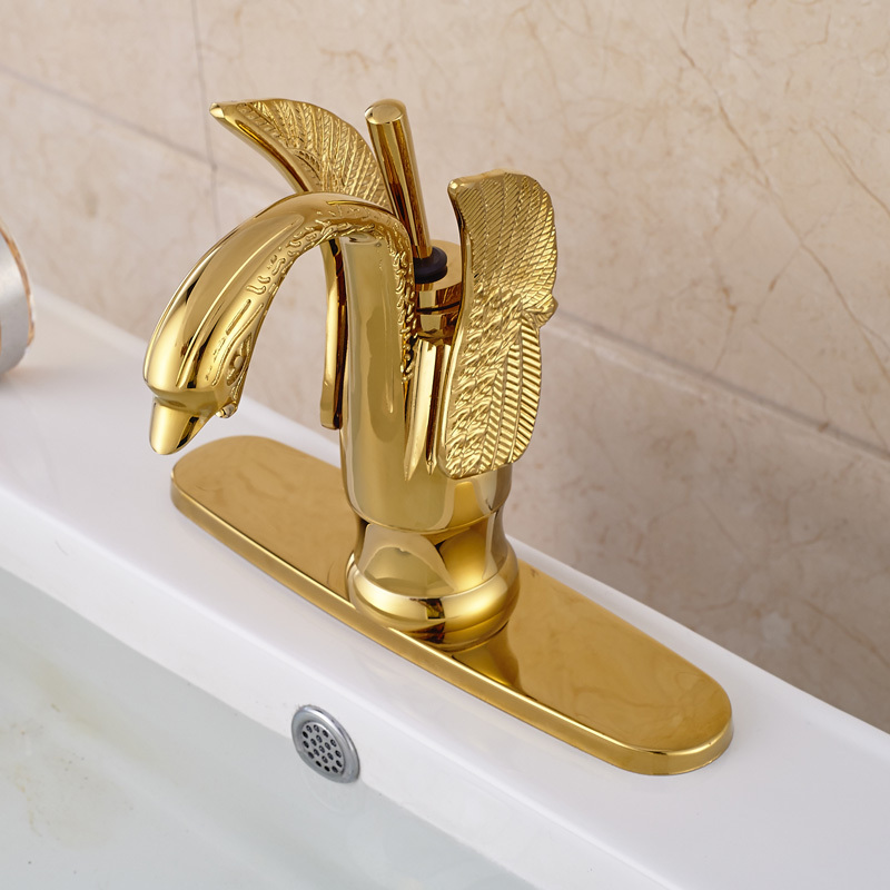 golden deck mount brass lavatory sink mixer taps bathroom vessel sink faucet swan shape + hole cover plate