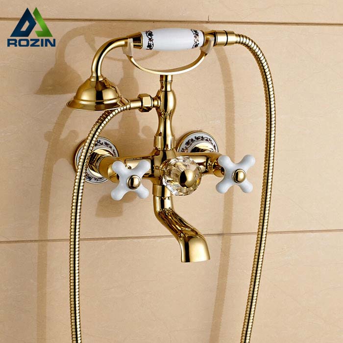 golden dual cross handles bathtub shower faucet wall mount bathroom tub faucet with handheld sprayer