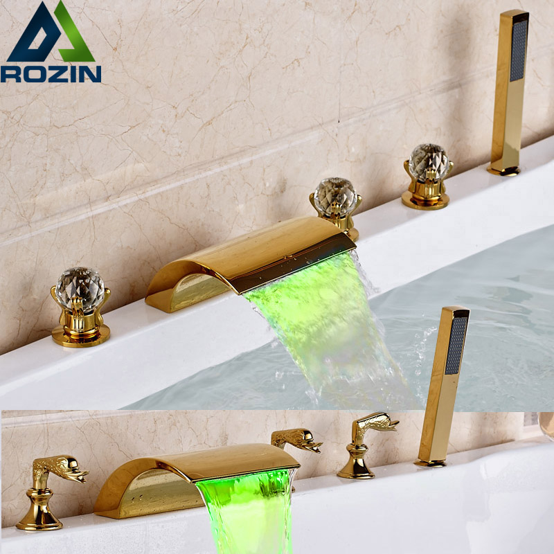 golden waterfall tub sink faucet widespread 5pc deck mounted bathtub mixer taps with led light