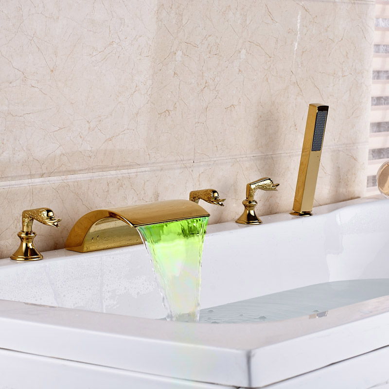 golden waterfall tub sink faucet widespread 5pc deck mounted bathtub mixer taps with led light