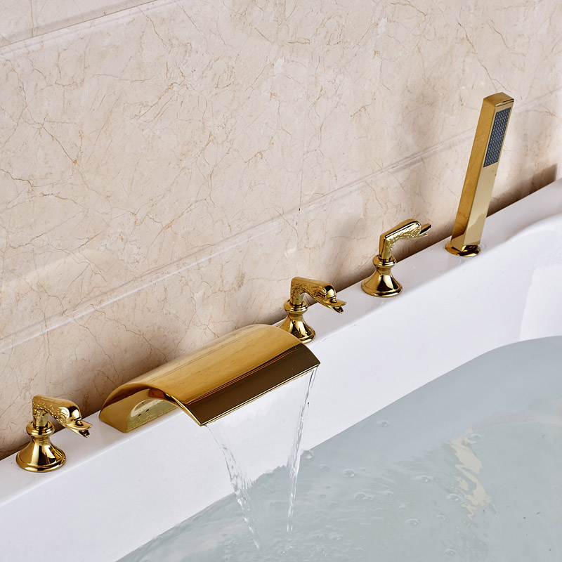 golden waterfall tub sink faucet widespread 5pc deck mounted bathtub mixer taps with led light