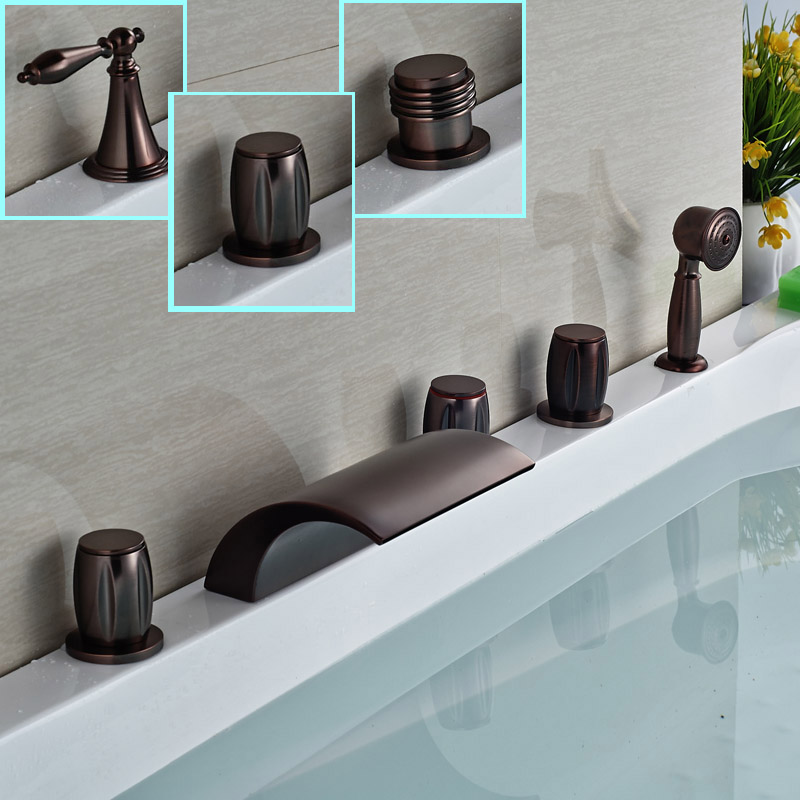 good quality 5pcs deck mount waterfall bath tub filler three handles oil rubbed bronze tub mixer taps