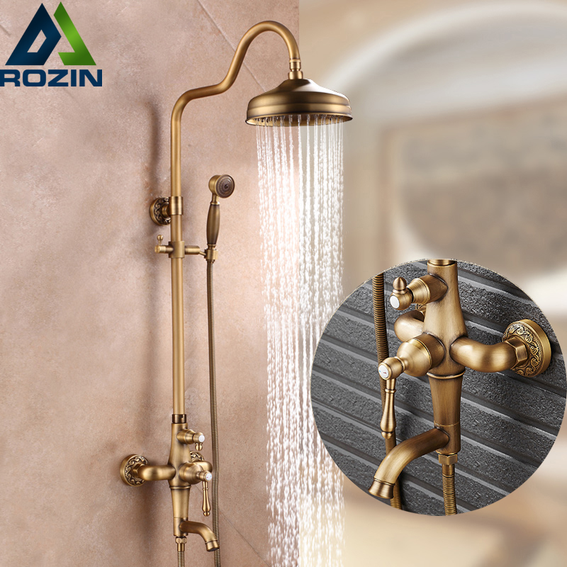 good quality antique brass rainfall shower set faucet + tub filler tap + handheld shower wall mounted 8" rain showerhead