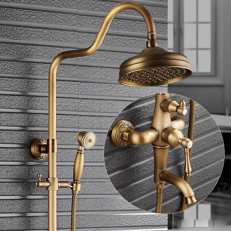 good quality antique brass rainfall shower set faucet + tub filler tap + handheld shower wall mounted 8" rain showerhead