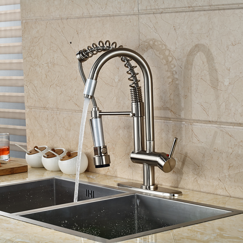 good quality swivel spout kitchen faucet deck mount one hole brushed nickel kitchen mixers with and cold water