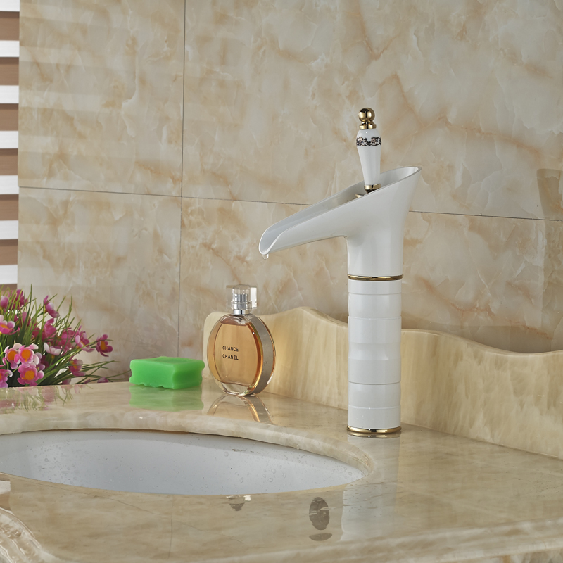 grilled white paint & golden bathroom vanity sink faucet deck mount waterfall brass mixer taps single handle