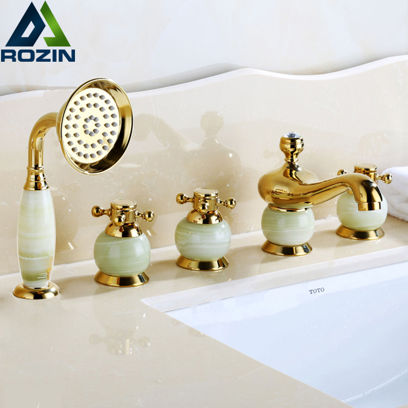 high-end golden & jade widespread 5 hole roman bathtub faucet deck mounted with hand shower and cold tub water taps