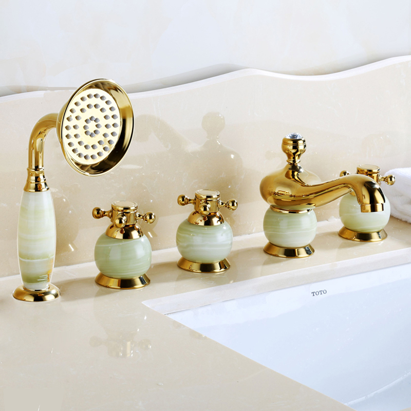 high-end golden & jade widespread 5 hole roman bathtub faucet deck mounted with hand shower and cold tub water taps