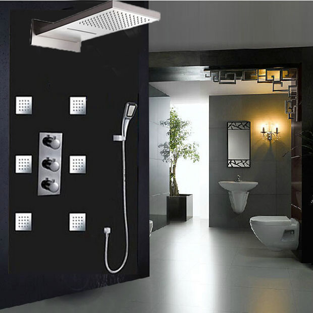 high-end waterfall rainfall shower head brass thermostatic mixer valve plate shower mixer faucet 6pcs massage jets