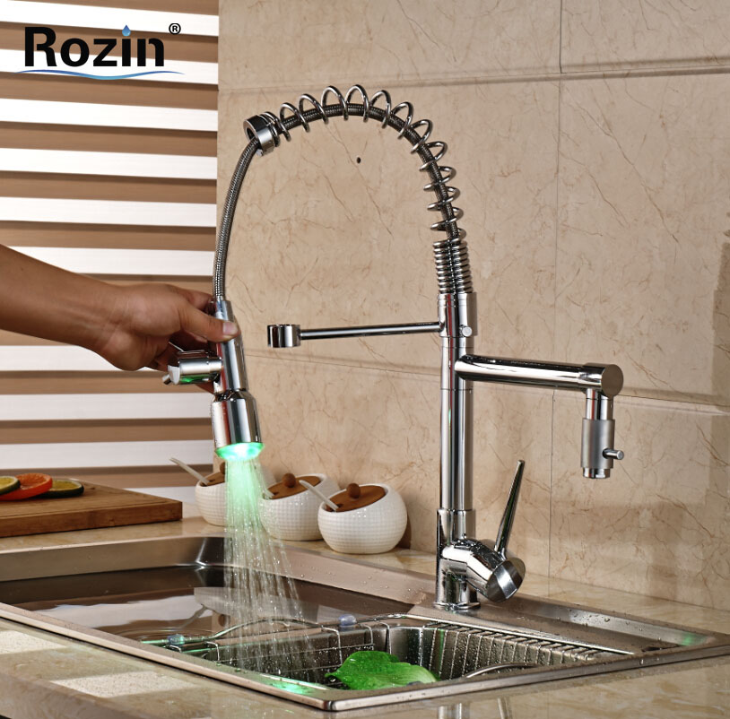 led color changing kitchen sprayer faucet mixer tap spring polished chrome with cold water hose