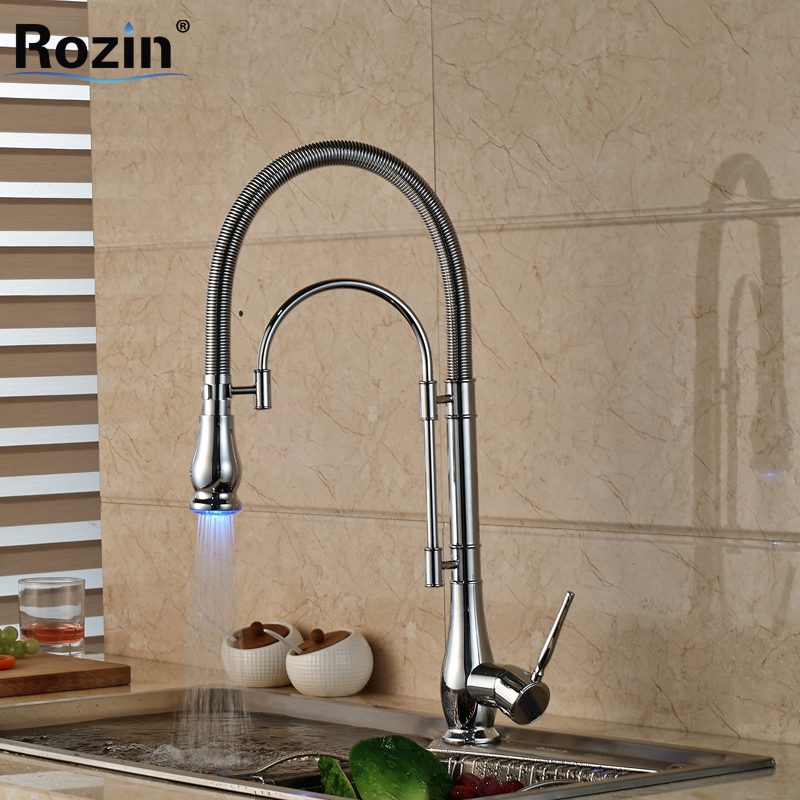 led color chrome finished kitchen faucet single handle with bracket bar led light kichen mixer taps deck mounted