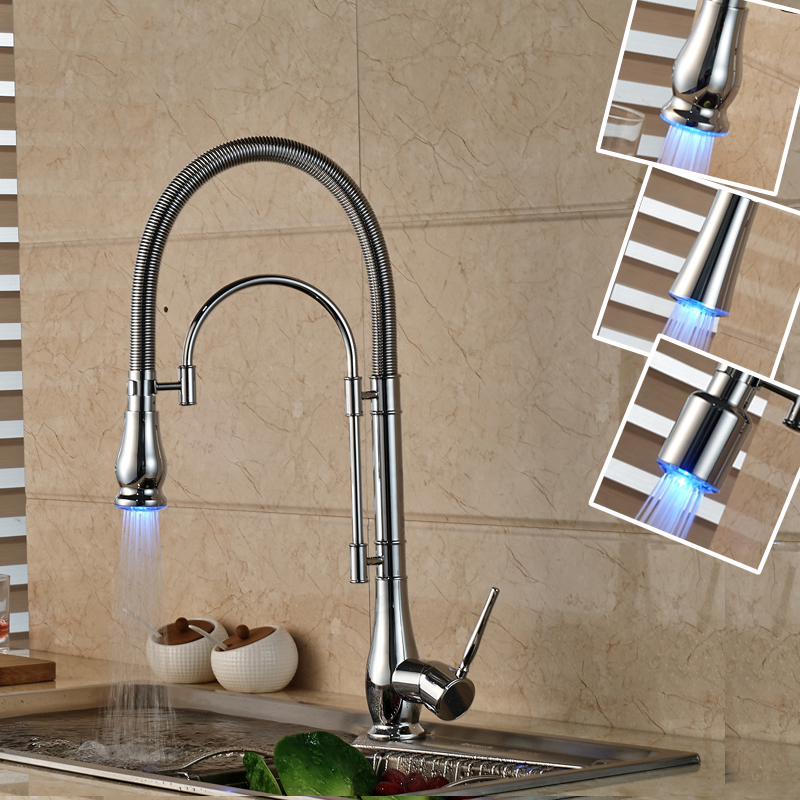 led color chrome finished kitchen faucet single handle with bracket bar led light kichen mixer taps deck mounted