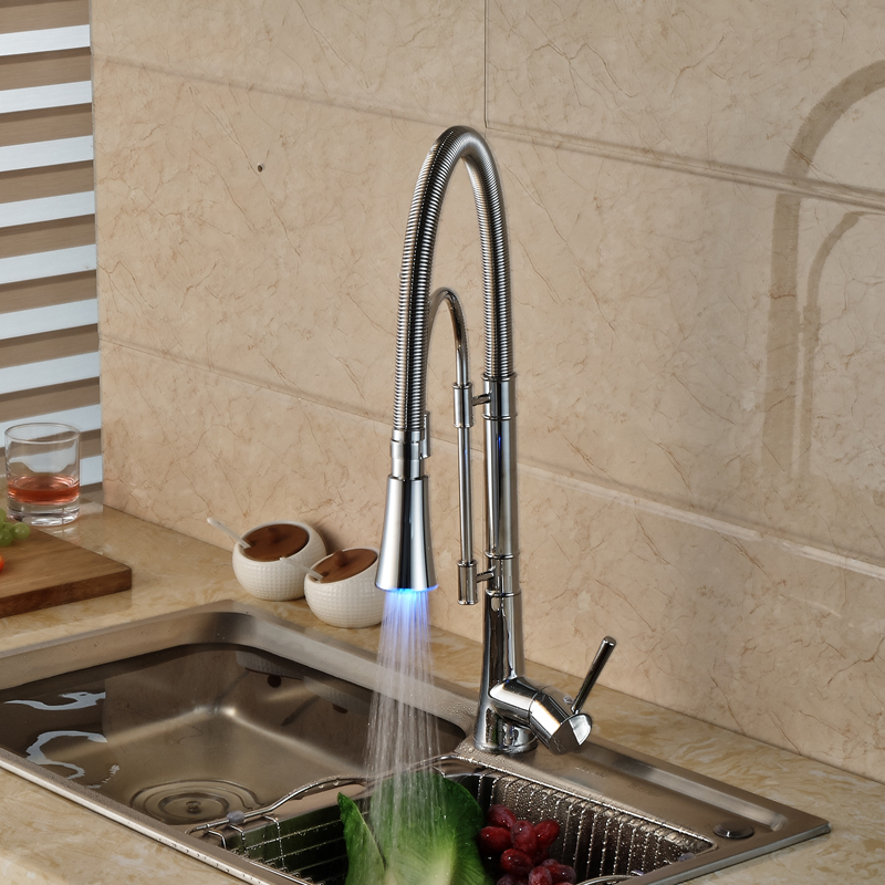 led color chrome finished kitchen faucet single handle with bracket bar led light kichen mixer taps deck mounted