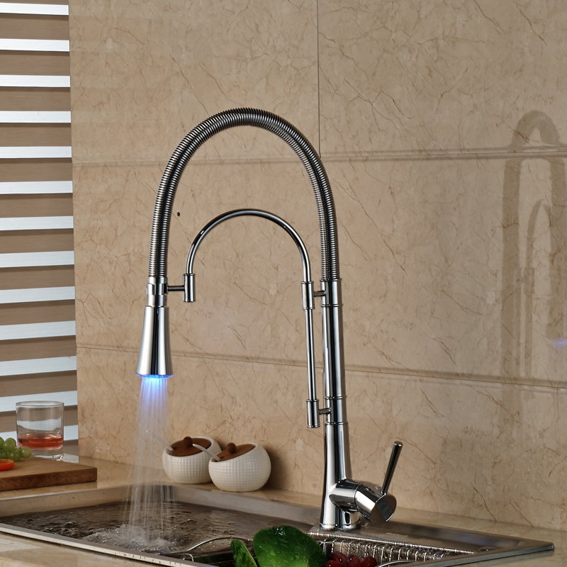 led color chrome finished kitchen faucet single handle with bracket bar led light kichen mixer taps deck mounted