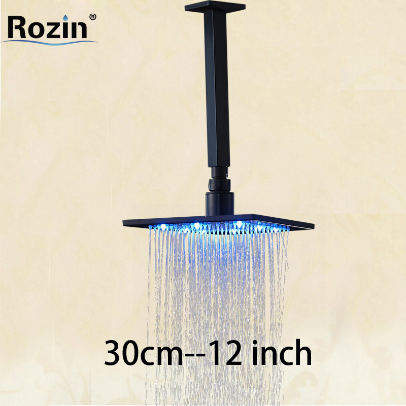 led light 12" brass shower head bathroom rain square showerhead ceiling mount shower arm oil rubbed bronze finish