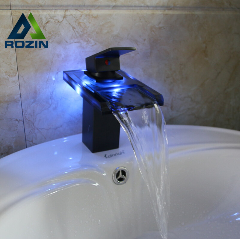 led light glass waterfall spout basin sink faucet single lever 3 color changing and cold water vanity mixer taps